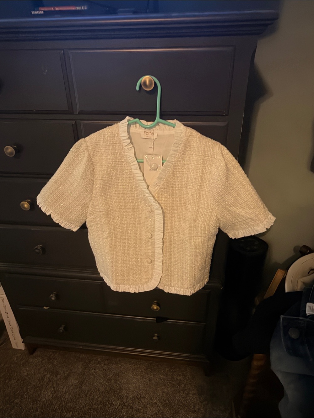 Fate Cream Short-Sleeve Bouclé Cardigan with Ruffle Trim
